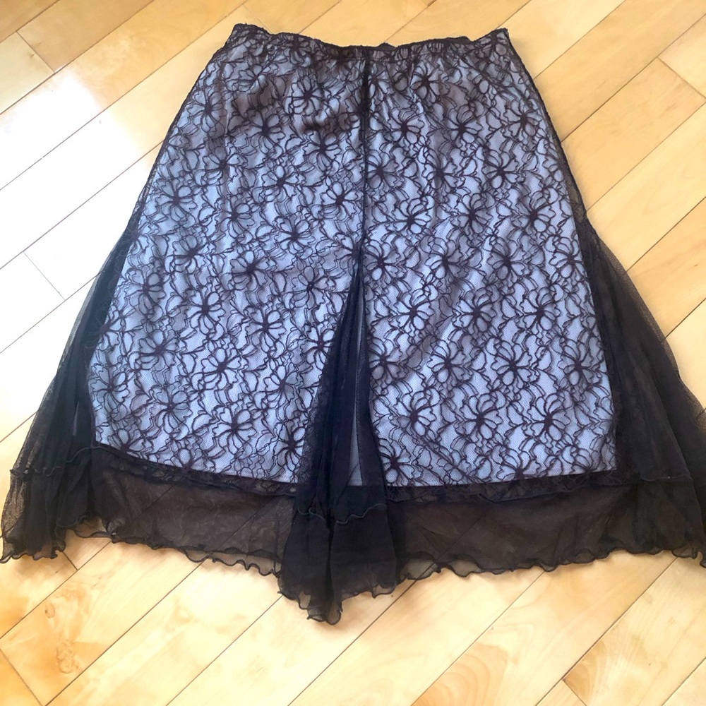 Beautiful brown embroidered tulle short skirt with contrasting beige liner.